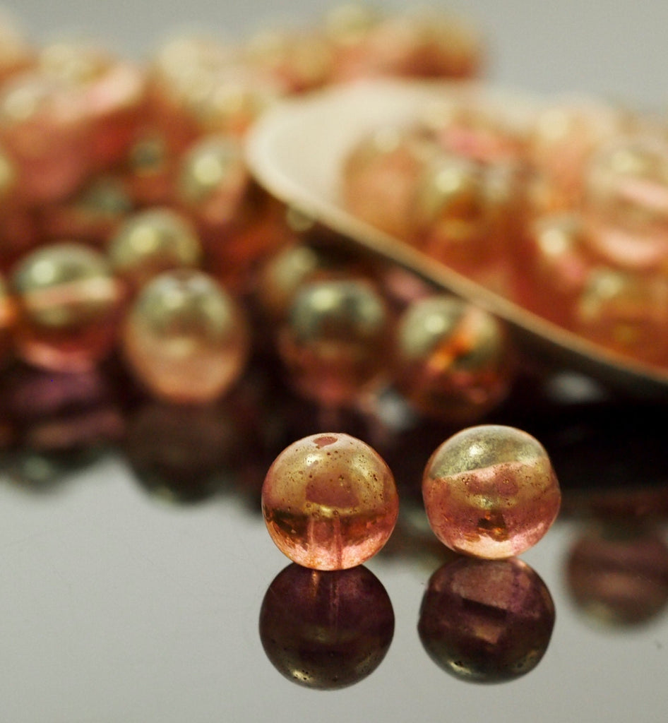 15 - 8mm Glow in the Dark Topaz Pink Beads - Luster Transparent Smooth Czech Glass Rounds -100% Guarantee