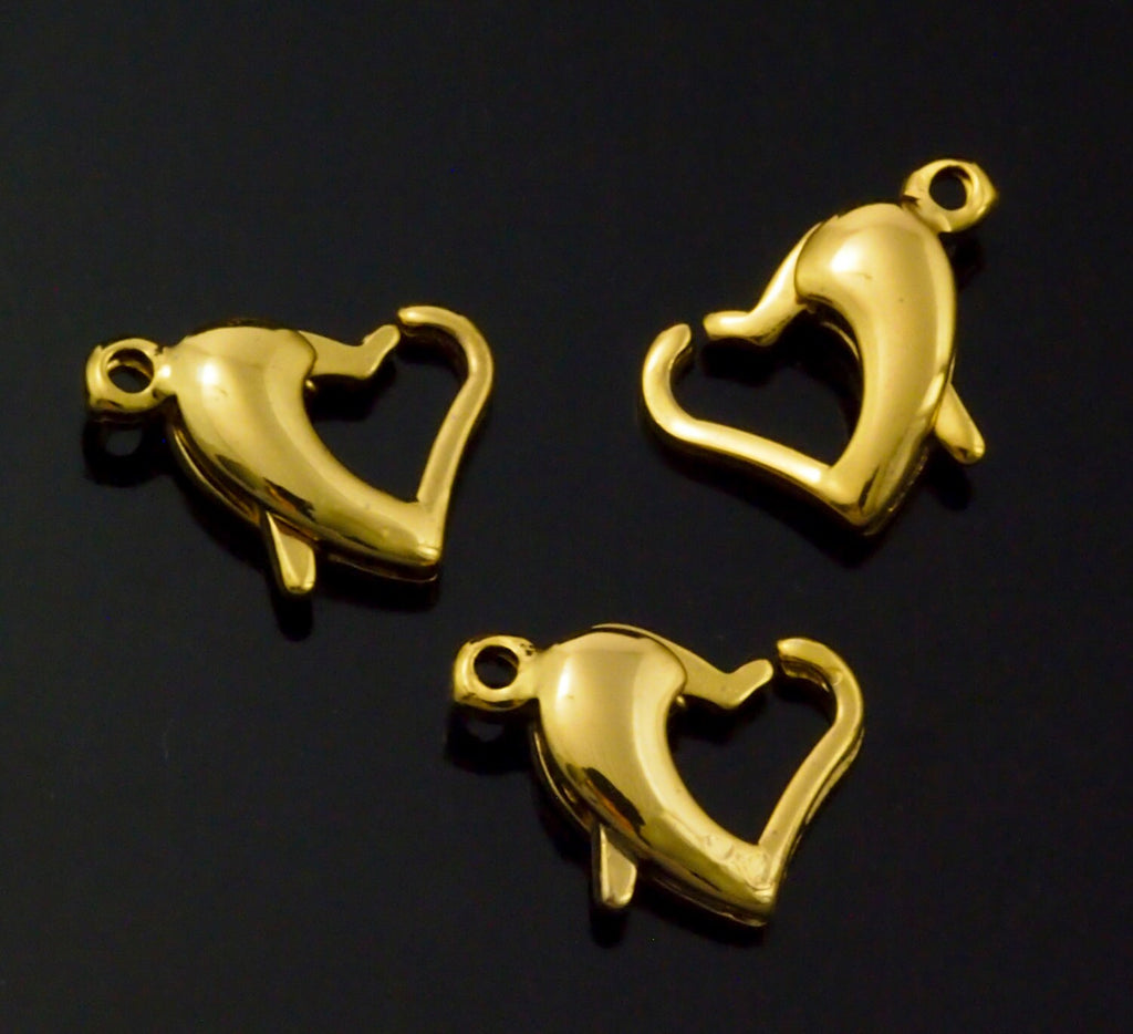 Clearance Sale 2 Gold Stainless Steel Heart Lobster Clasps 12mm X 9mm