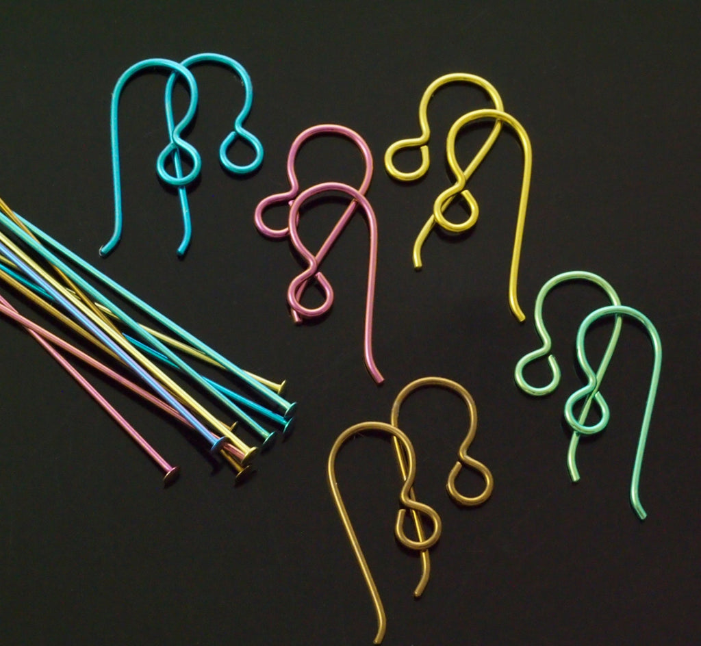 5 Pairs Handmade Perfect Curve Anodized Niobium Ear Wires And 5 Pairs of Head or Eye Pins Anodized After Cutting and Forming