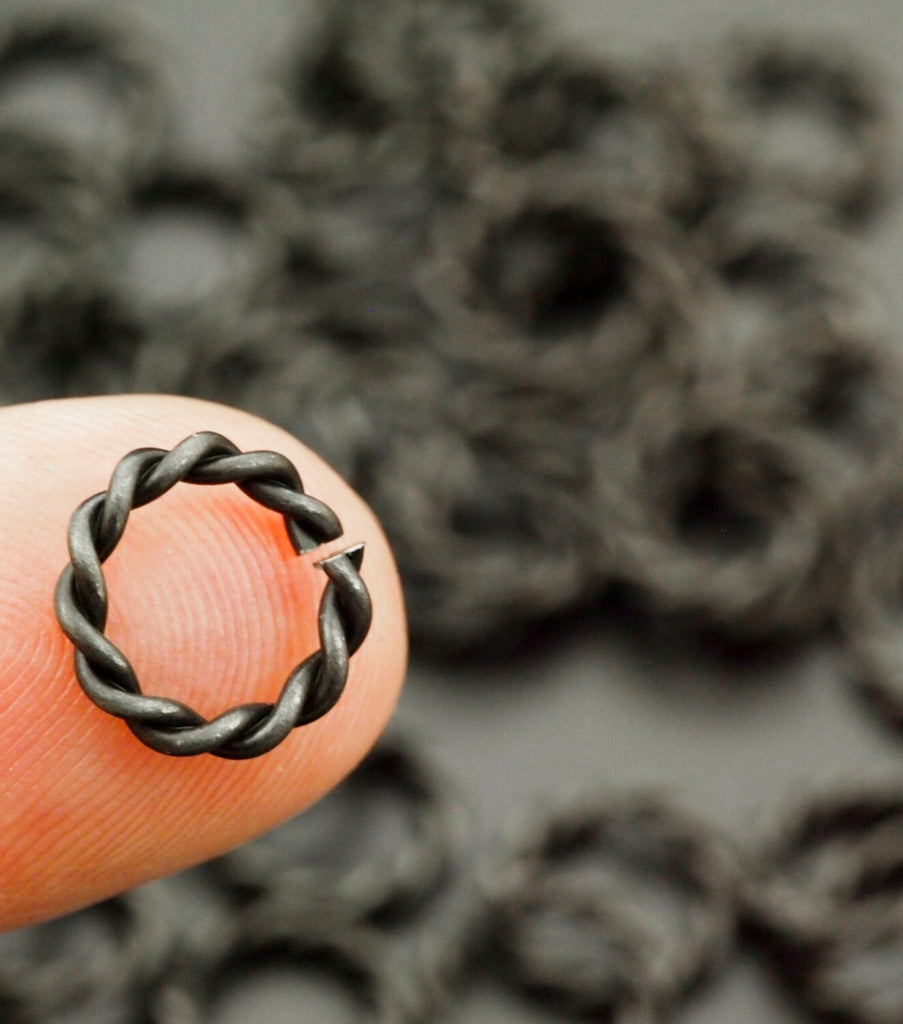 50 Twisted Round Black Iron Jump Rings  - Oxidized and Oiled- You Pick Gauge and Diameter