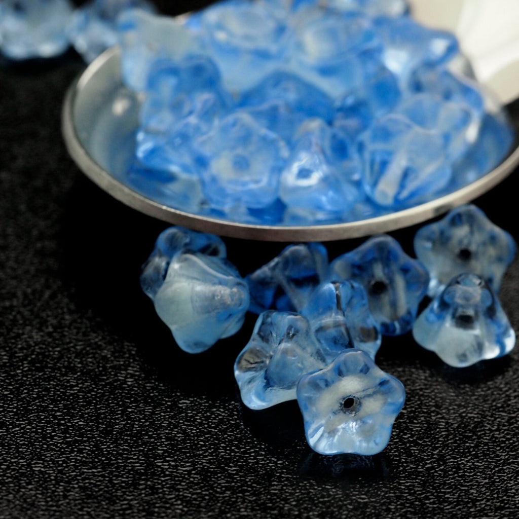 15 Glow in the Dark Sapphire Blue Bell Flowers Czech Beads - 8mm x 6mm 100% Guarantee