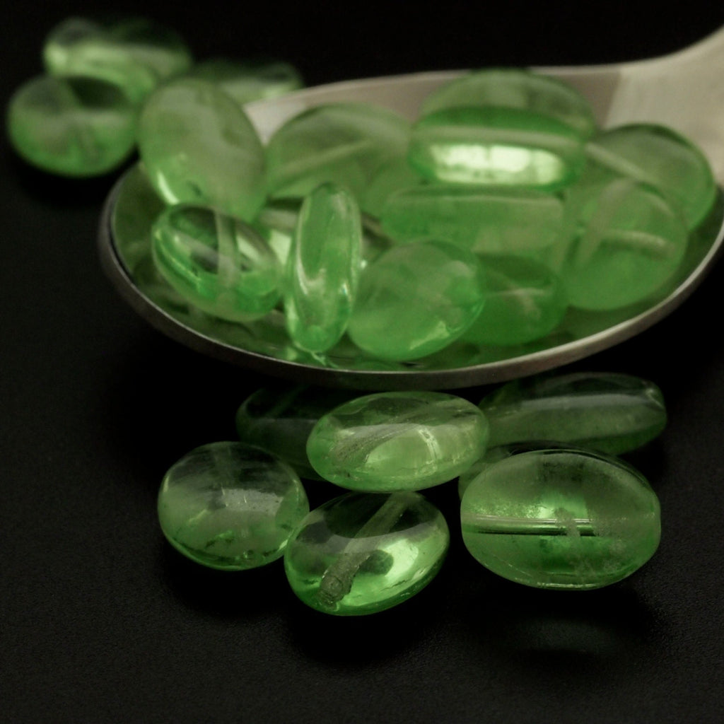 5 - 12mm X 10mm Glow in the Dark Flattened Oval Peridot Beads - Czech Pressed Glass - 100% Guarantee