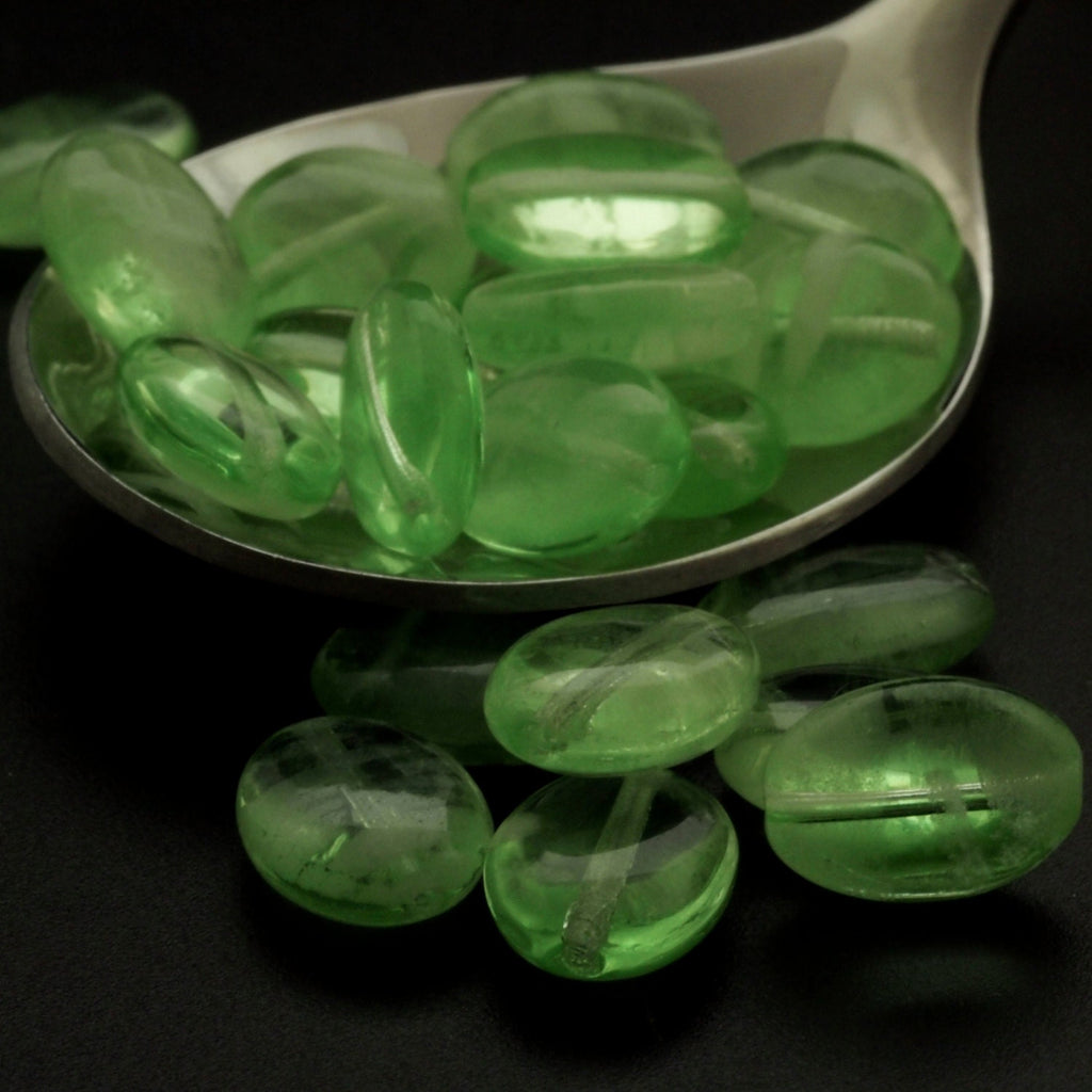 5 - 12mm X 10mm Glow in the Dark Flattened Oval Peridot Beads - Czech Pressed Glass - 100% Guarantee
