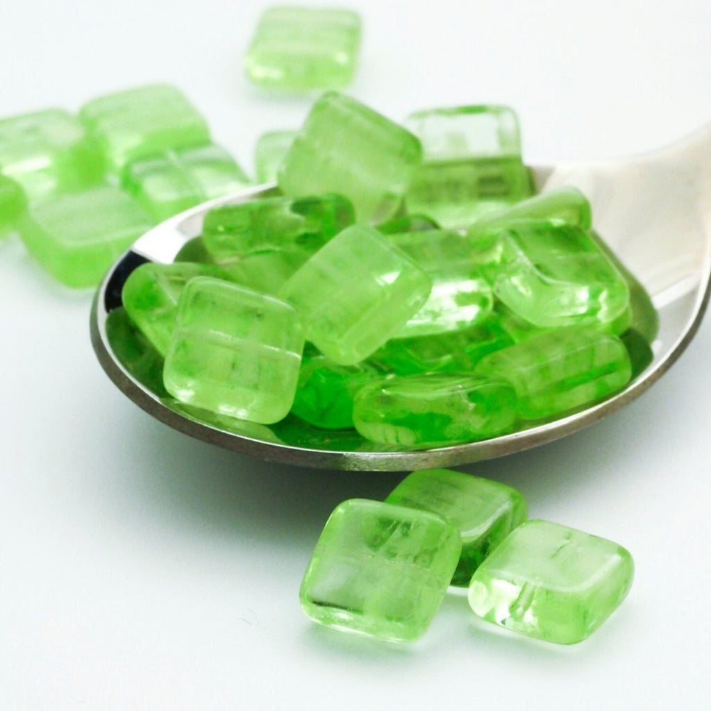 10 - 9mm Glow in the Dark Square Peridot Beads - Czech Pressed Glass - 100% Guarantee
