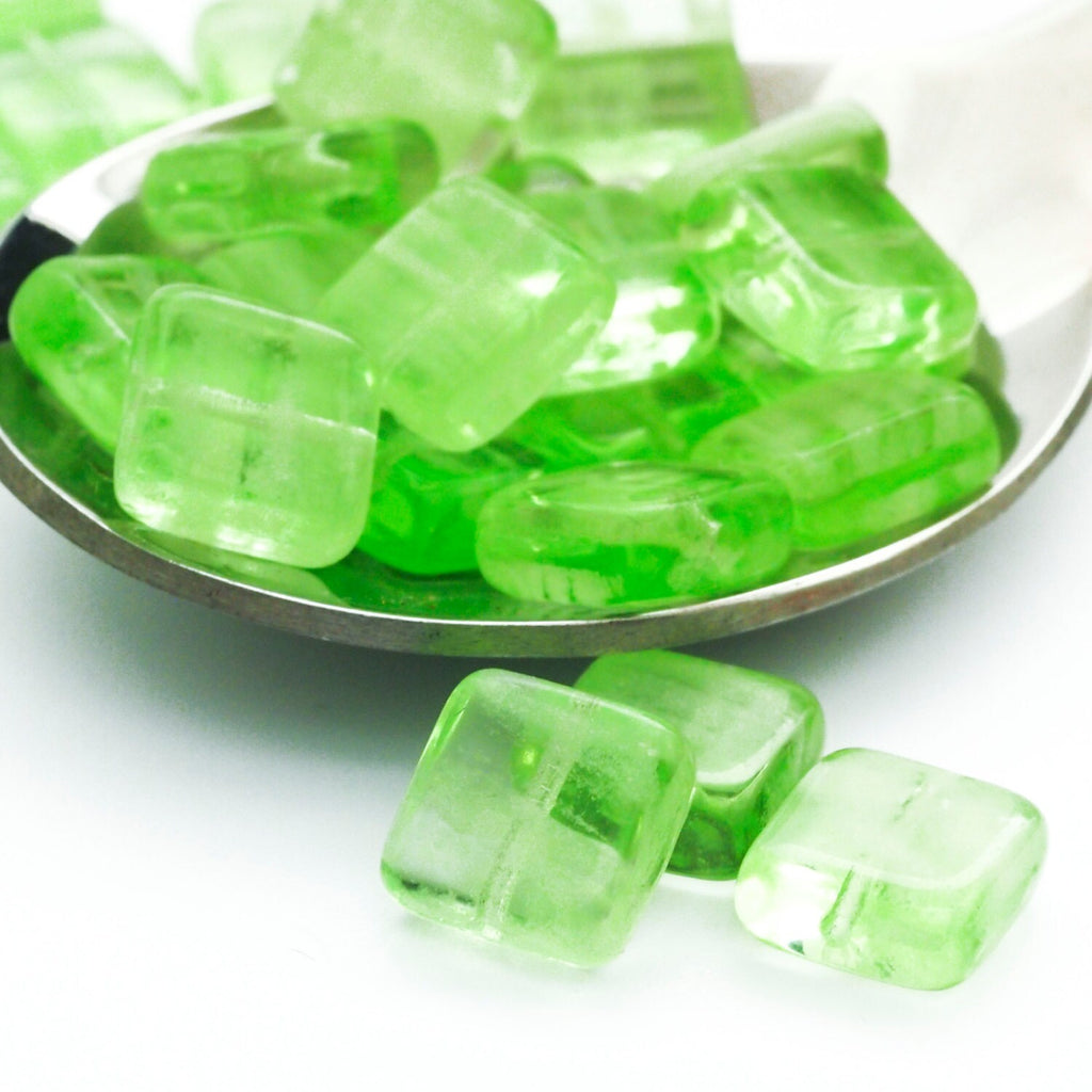 10 - 9mm Glow in the Dark Square Peridot Beads - Czech Pressed Glass - 100% Guarantee