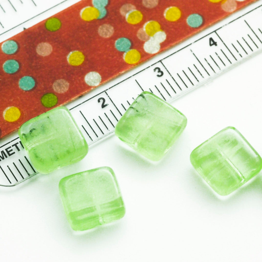 10 - 9mm Glow in the Dark Square Peridot Beads - Czech Pressed Glass - 100% Guarantee