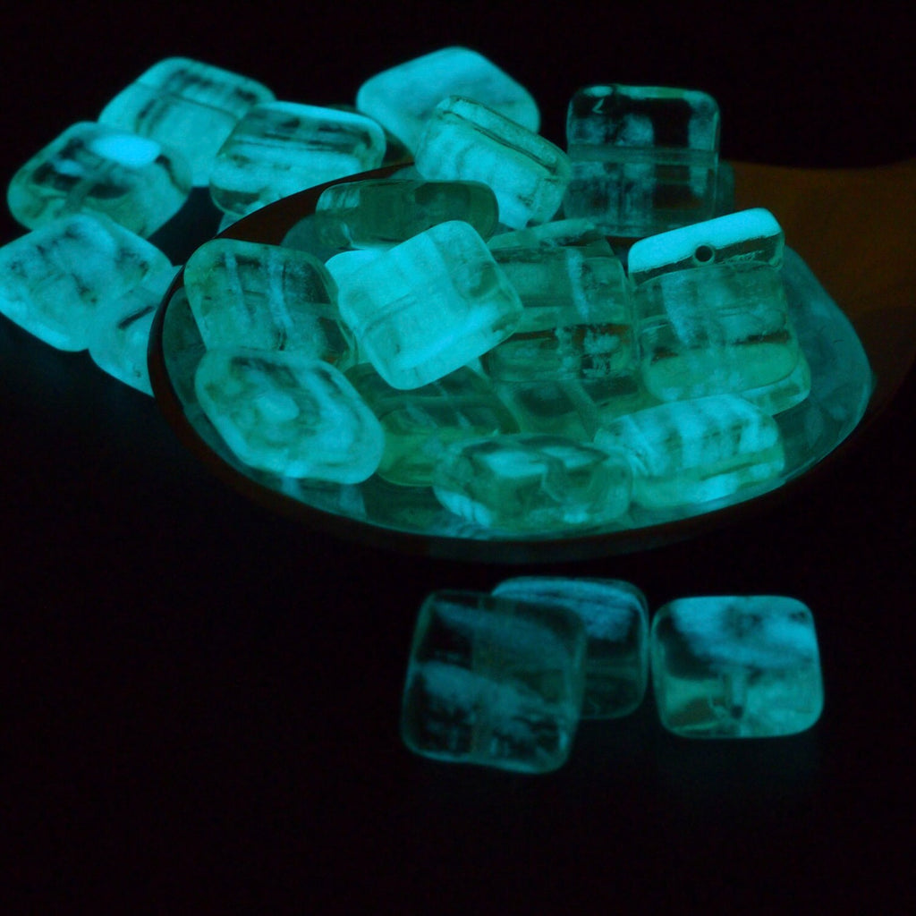 10 - 9mm Glow in the Dark Square Peridot Beads - Czech Pressed Glass - 100% Guarantee