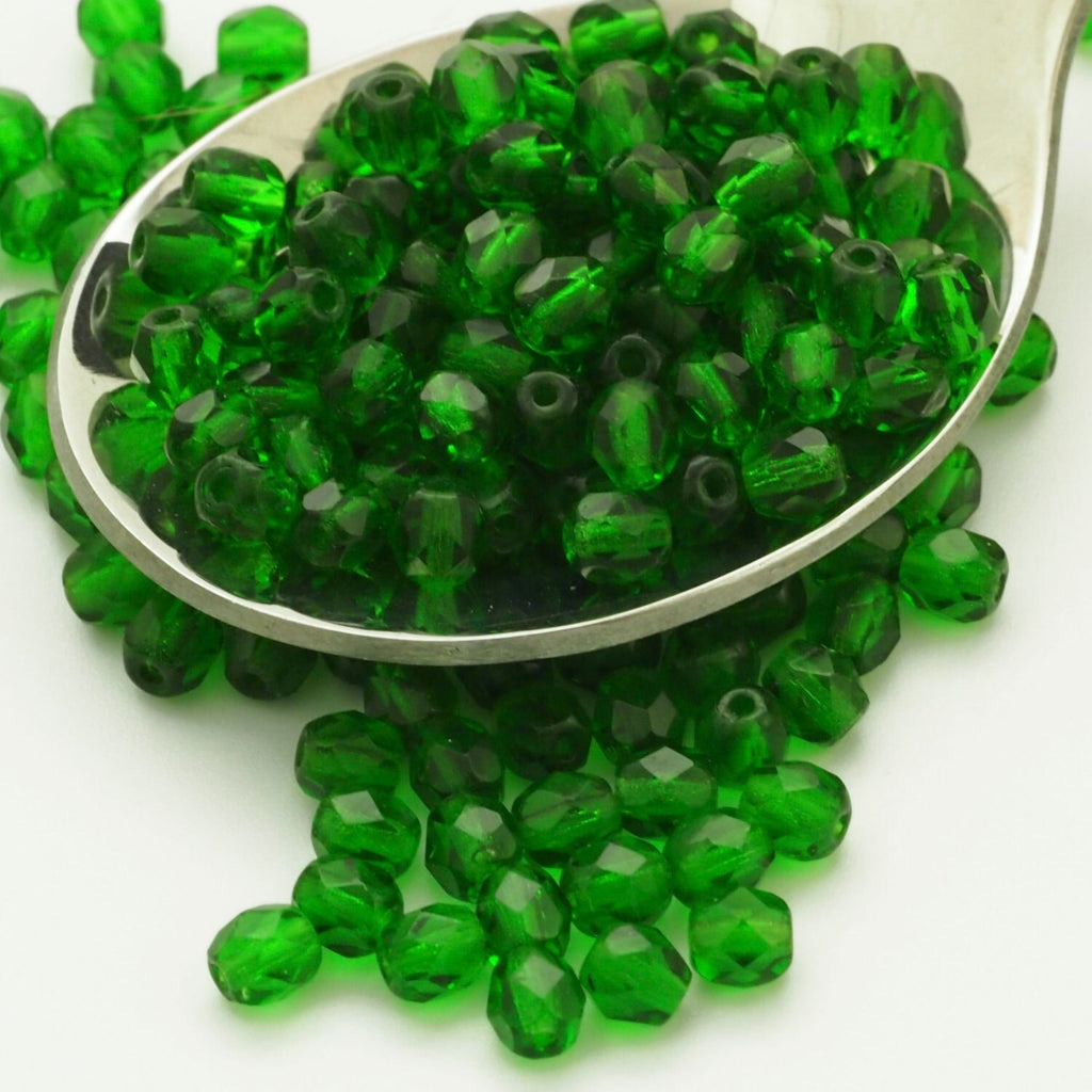 4 Grams - 4mm Green Emerald Czech Glass Beads - Faceted Rounds - 100% Guarantee