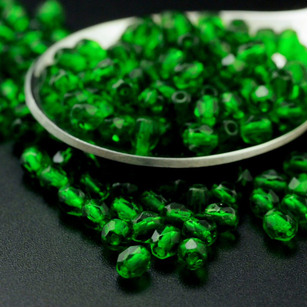 4 Grams - 4mm Green Emerald Czech Glass Beads - Faceted Rounds - 100% Guarantee