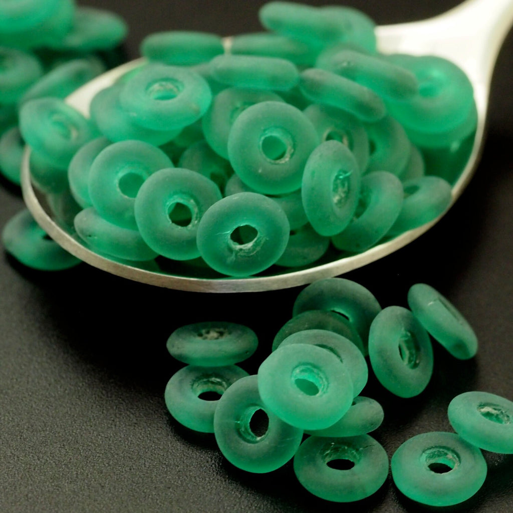 40 Matte Emerald Donut Czech Glass Beads - 100% Guarantee