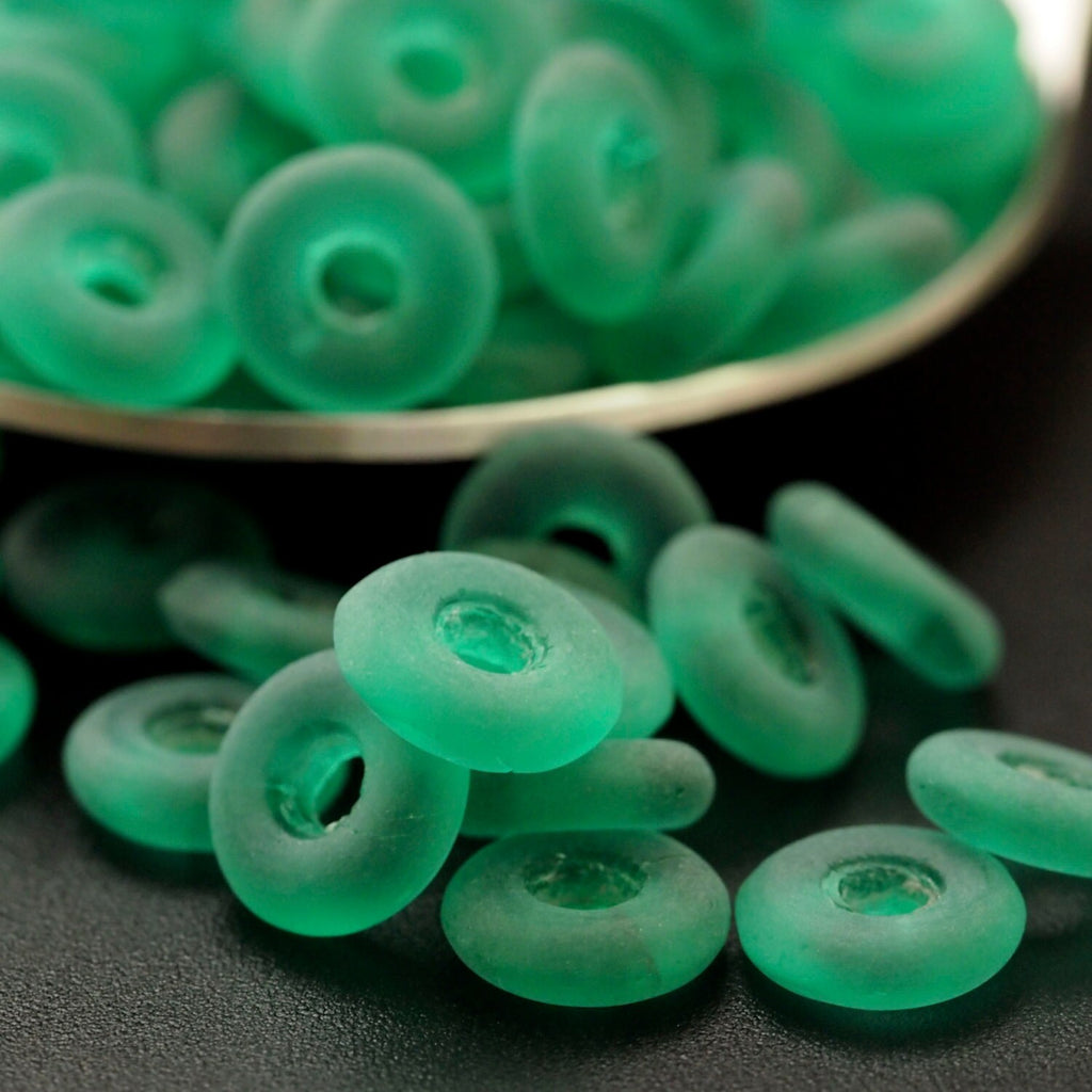 40 Matte Emerald Donut Czech Glass Beads - 100% Guarantee
