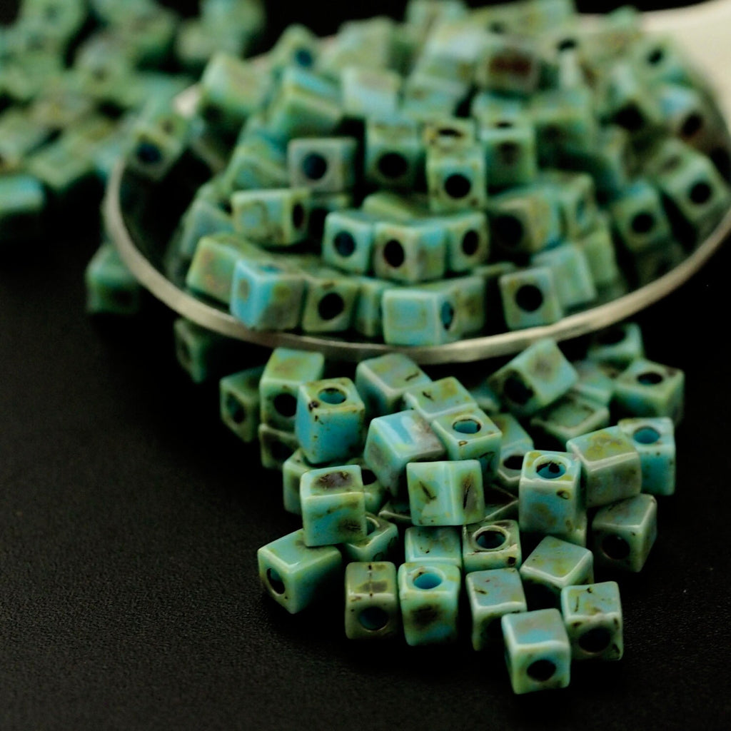 50 Turquoise Blue Picasso Miyuki 4mm Cube Seed Beads - 100% Guarantee