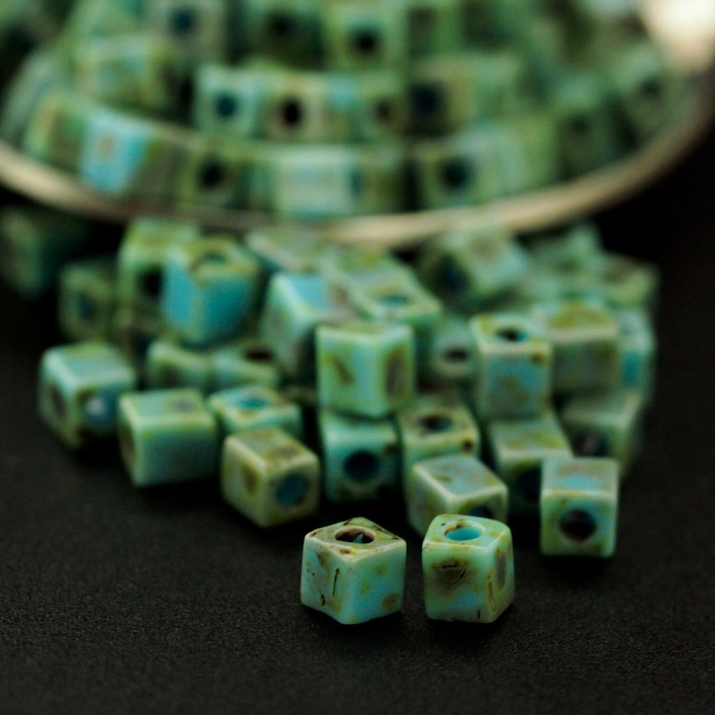 50 Turquoise Blue Picasso Miyuki 4mm Cube Seed Beads - 100% Guarantee