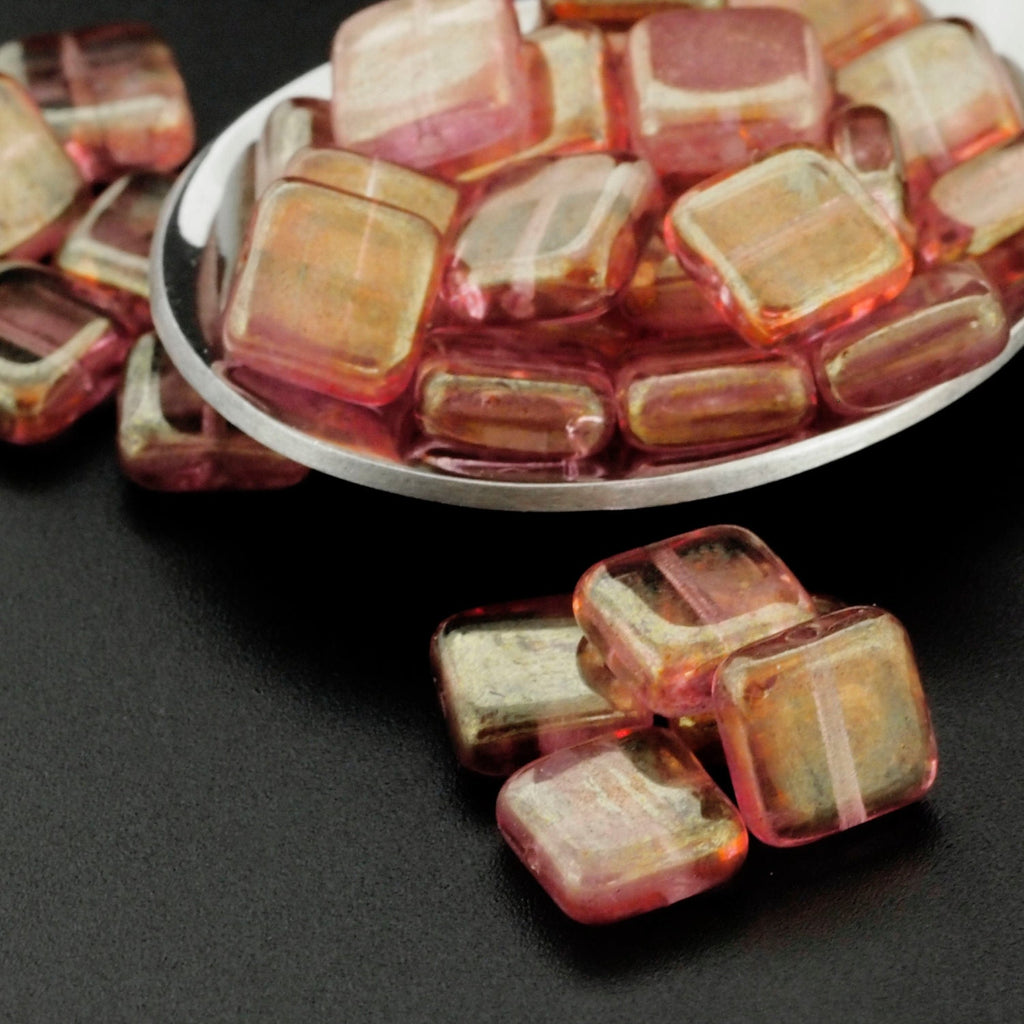 10 - 9mm Glow in the Dark Square Luster Transparent Topaz Pink Beads - Czech Pressed Glass - 100% Guarantee