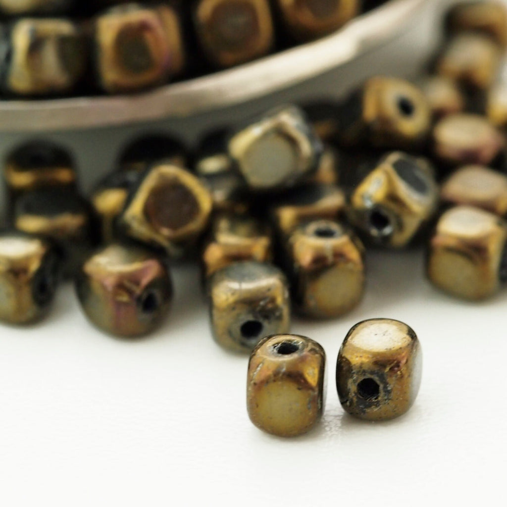 60 - 4mm Iris Brown Cube Czech Beads - 100% Guarantee