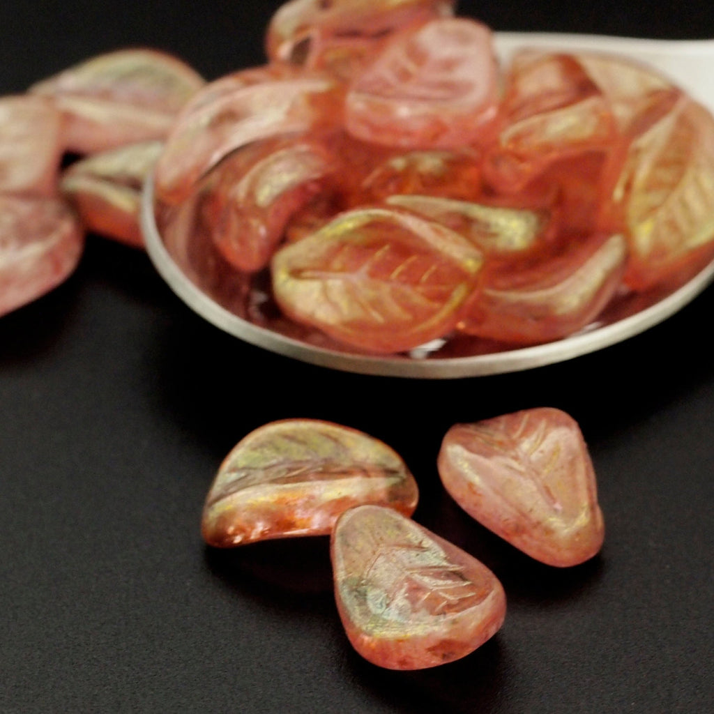 10 Glow in the Dark Luster Transparent Topaz Pink Czech Leaf Beads - 14mm x 9mm 100% Guarantee