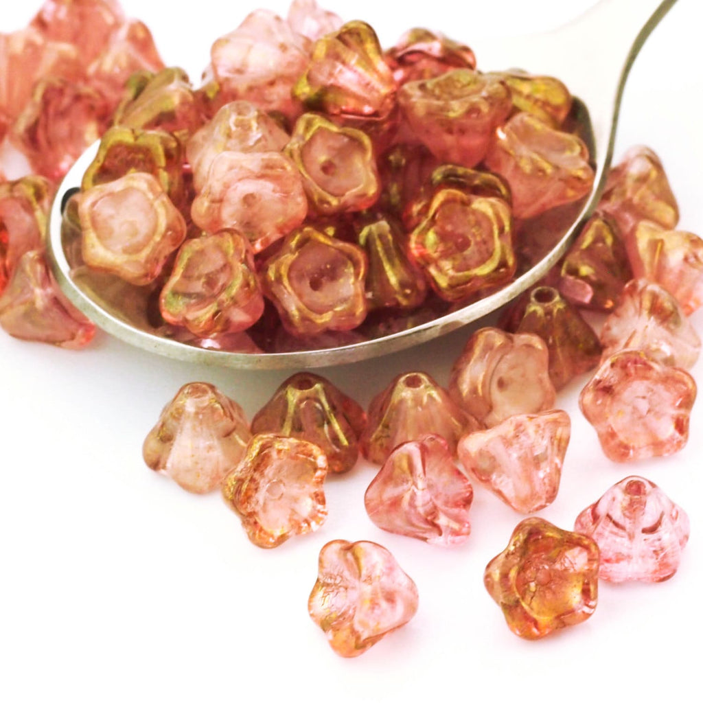 15 Glow in the Dark Luster Transparent Topaz Pink, Aquamarine, Sapphire Bell Flowers Czech Beads - 8mm x 6mm 100% Guarantee