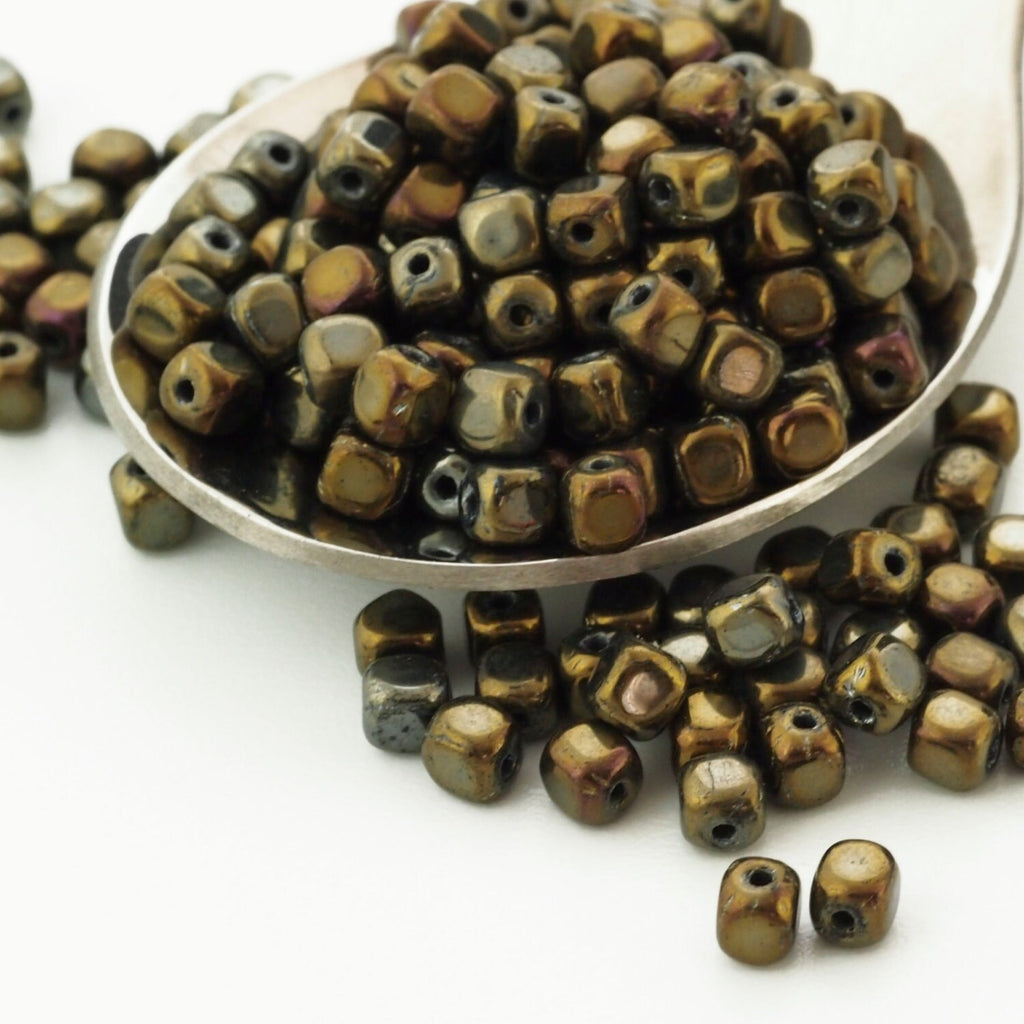 60 - 4mm Iris Brown Cube Czech Beads - 100% Guarantee