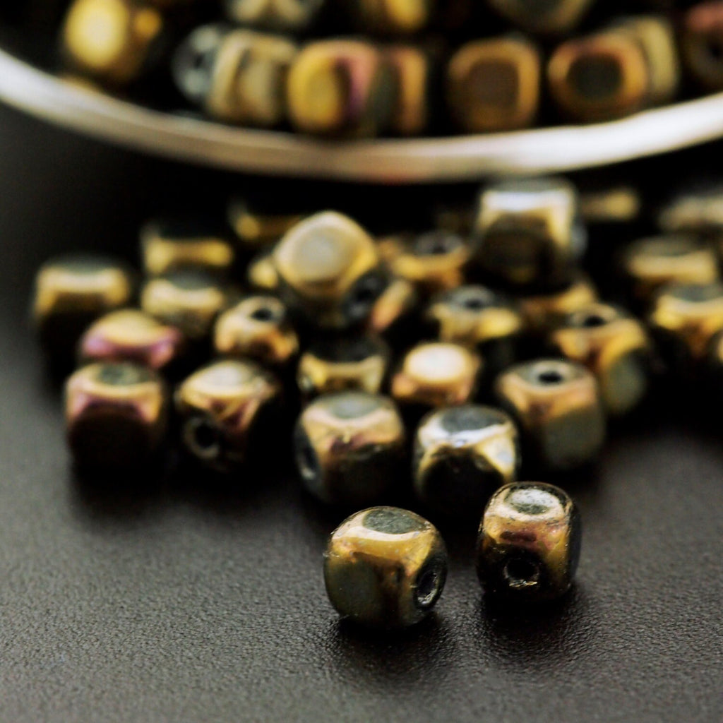 60 - 4mm Iris Brown Cube Czech Beads - 100% Guarantee