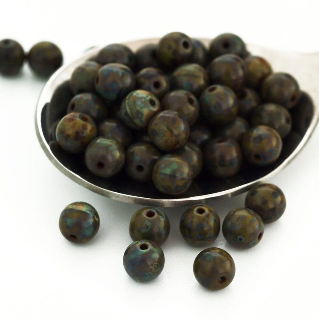 40 - 6mm Round Picasso Opaque Olive Czech Beads - 100% Guarantee