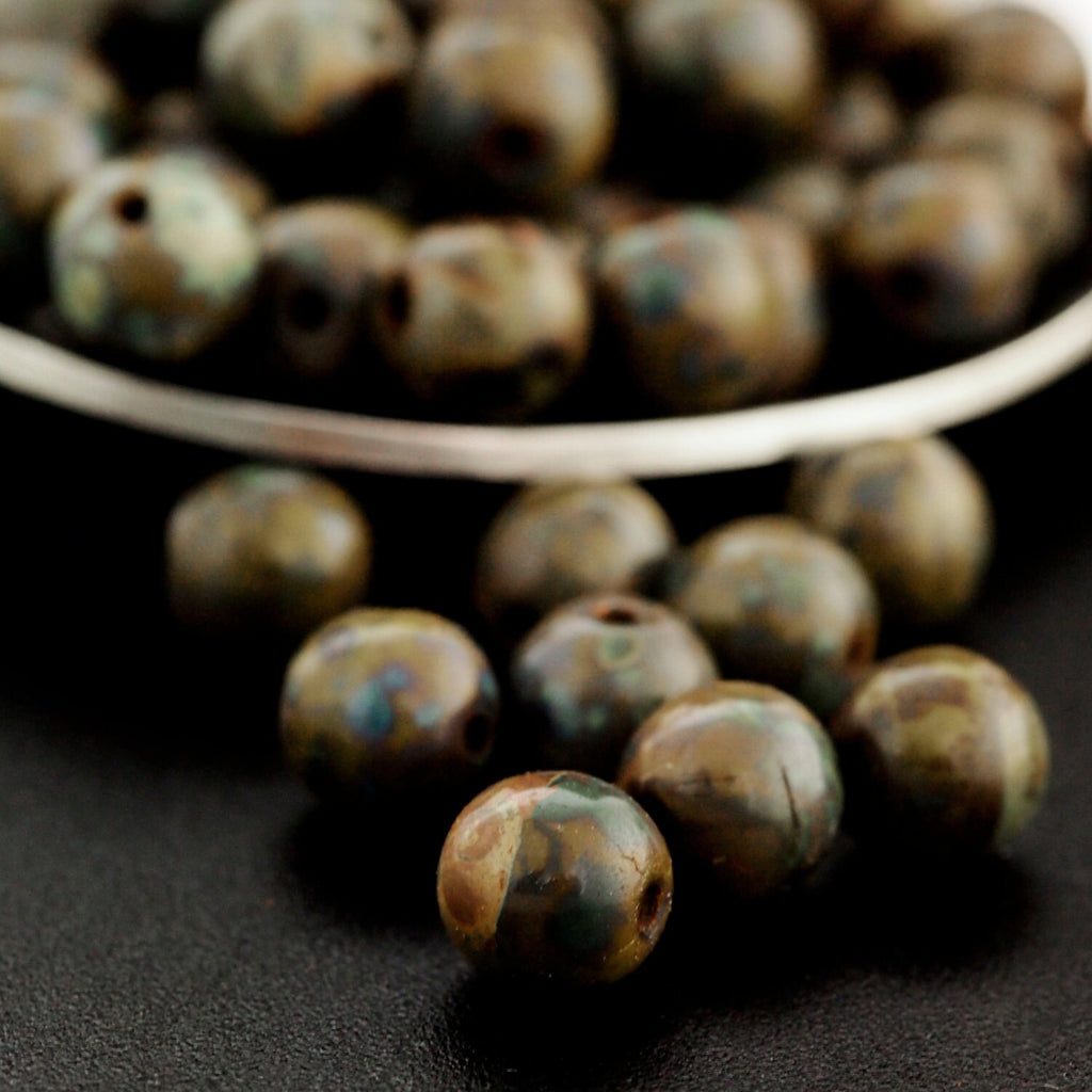 40 - 6mm Round Picasso Opaque Olive Czech Beads - 100% Guarantee