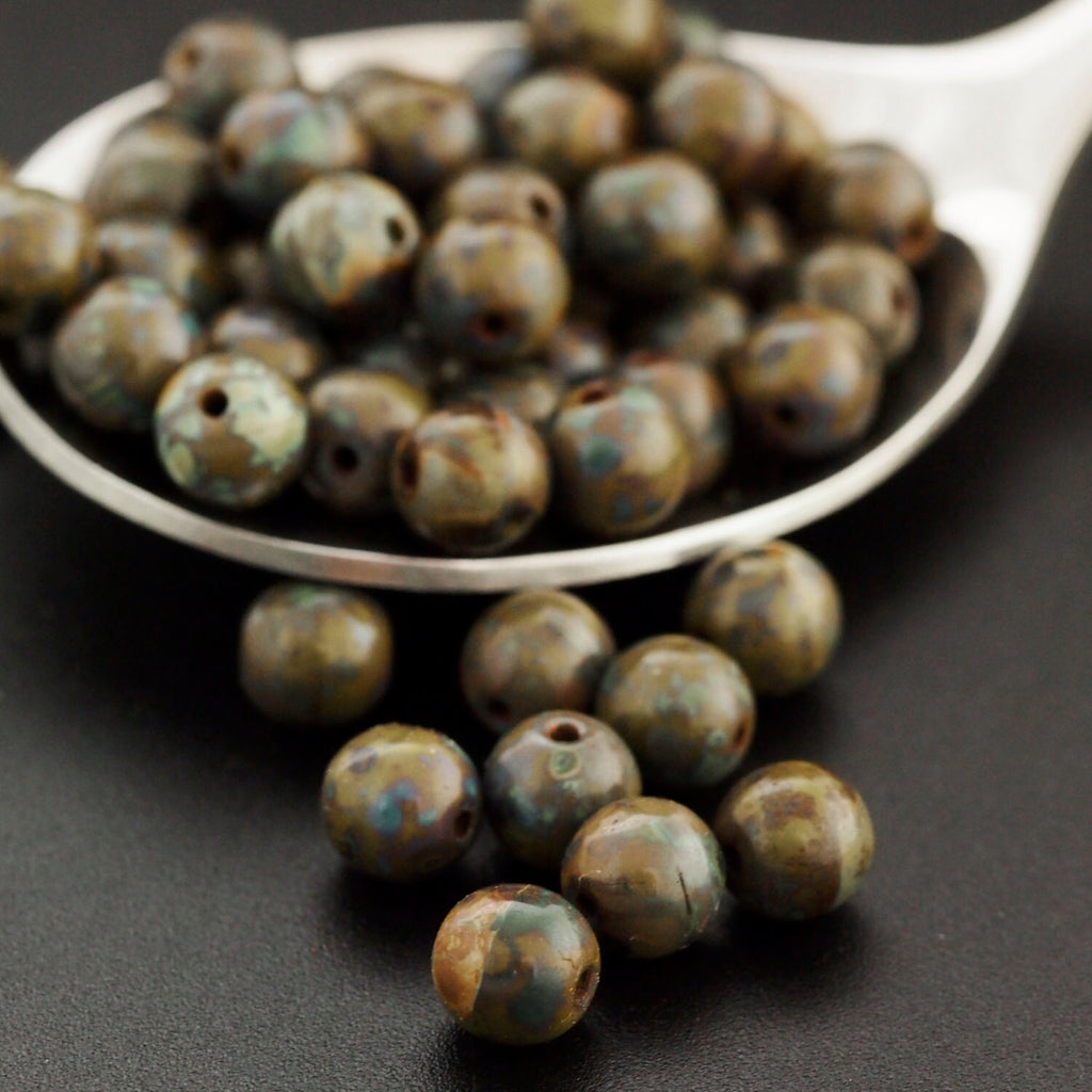 40 - 6mm Round Picasso Opaque Olive Czech Beads - 100% Guarantee