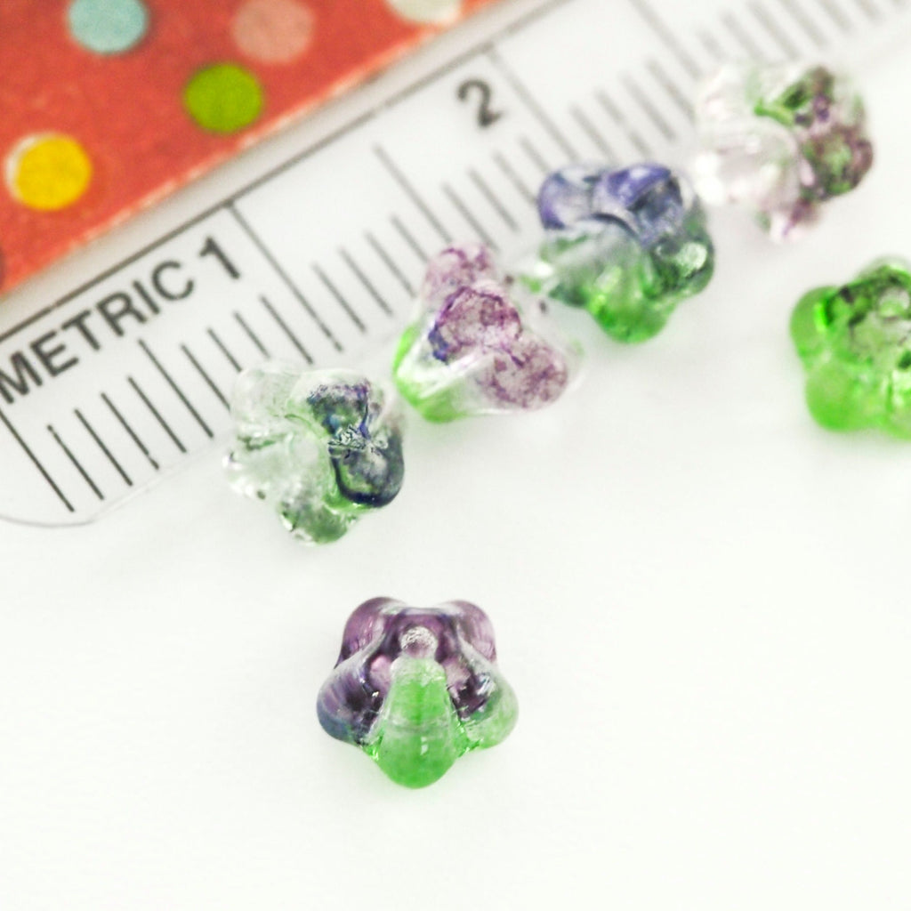 30 Baby Blue Bell Flowers Czech Beads - Dual Coated Blueberry and Green Tea, Peach and Peridot or Fuchsia and Lemon 4mm x 6mm 100% Guarantee